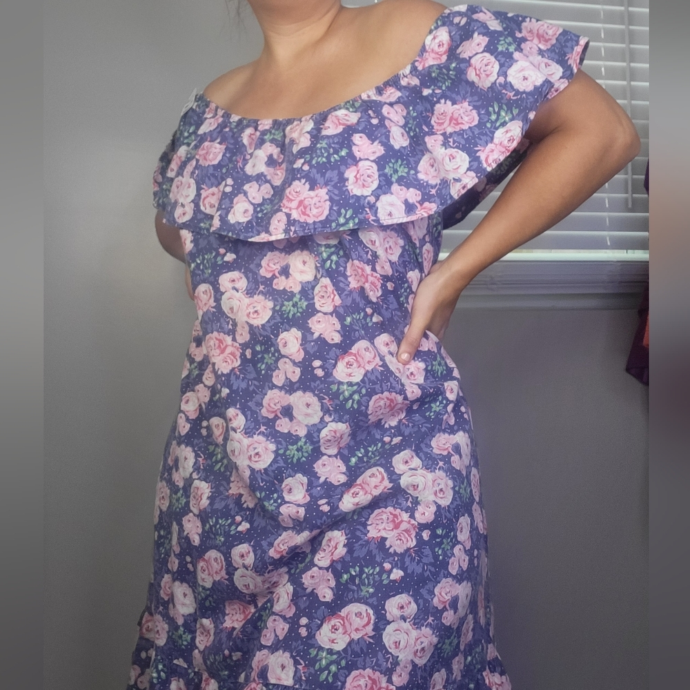Vintage 70s Off The Shoulder Cabbage Rose Floral Dress - Picture 10 of 12